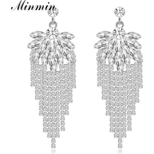 Minmin Sparkling Tassel Wedding Drop Earrings Bridal 3 Colors Crystal Fringe Leaf Cluster Long Hanging Earrings Jewelry MEH1506
