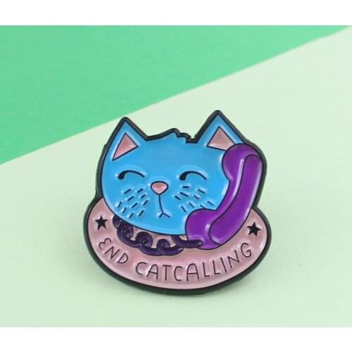 Cartoon Blue Cat Purple Telephone Call Phone "End Catcalling" Pins Lovely Clothes Accessories Birthday Gift For Kids Girls Boys