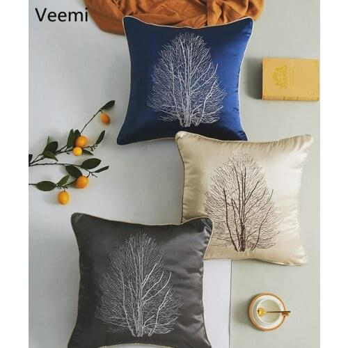 New Chinese Style Embroidery Coral Tree Cushion Cover Marine Organism Dark Blue Luxury Waist Pillowcase Decoration for Bed Sofa