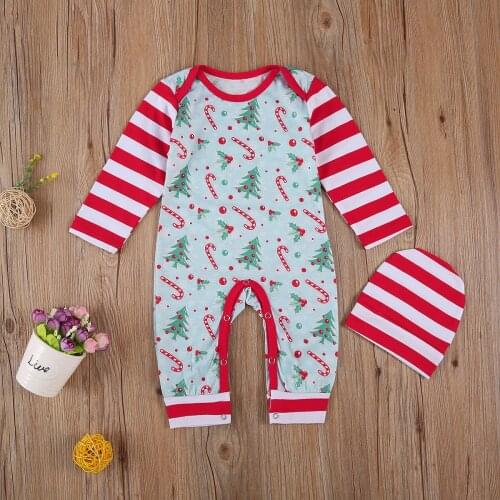 2020 New Newborn Baby Christmas Jumpsuits Sets Long Sleeve Cartoon Printed Long Romper Overall Pant + Beanies Hat ropa de bebe