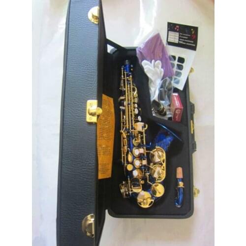 New Curved Soprano Saxophone Blue Sax gold key Children And Adults Brass Body Neck Musical Instruments With Mouthpiece Reed Free