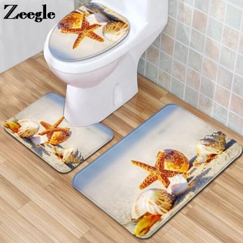 Ocean Style Bathroom Carpet Rug Flannel Bath Mat Home Decor Toilet Mat Absorbent U-Shaped Toilet Rug Anti-slip Floor Carpet Set
