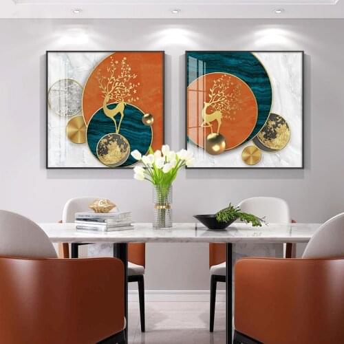 Deer Animal Canvas Painting Landscape Moon Geometry Wall Picture Print Living Room Decorative Blue Green Orange Bedroom Home