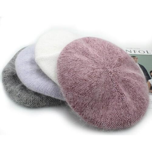 [Onidfurow] Fashion New Women Angora rabbit Solid Color Beret Female Bonnet Caps Winter All Matched Warm Walking Hat with stars