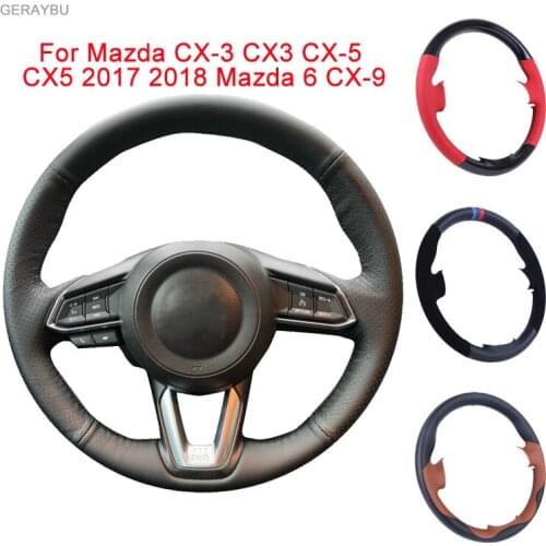 GERAYBU Custom DIY Original Black Leather Hand-sewn Car Steering Wheel Cover For Mazda CX-3 CX3 CX-5 CX5 2017 2018 Mazda 6 CX-9