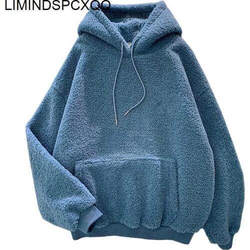 2021 Autumn Winter Thick Warm Coats Velvet Cashmere Womens Hoodie Sweatshirt Blue Pullover Casual Tops Lady Loose Long Sleeve