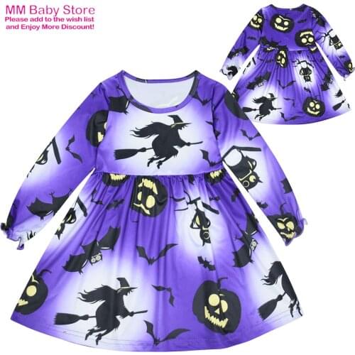 2-8Years Children Halloween Girl Dress Cute Pumpkin Ghost Printing Crew Neck Long-Sleeves Skirt With Elastic Waist