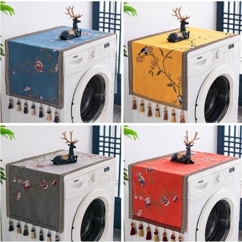 Custom Fine Embroidery Peach Flower Washing Machine Dust Cover Chinese Fridge Microwave oven Cotton Linen Dustproof Cover Cloth