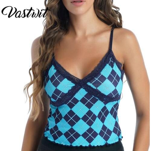 Sexy Knitted Sleeveless Crop Top Womens Summer Blue Plaid Tank Tops Basic Spaghetti Strap Cami Blouses