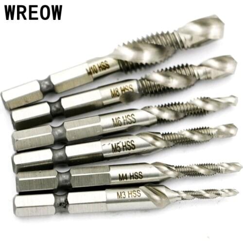 6pcs 1/4 Hex Shank HSS Thread Metric Spiral Screw Hand Plug Composite Tap Drill Bit M3 M4 M5 M6 M8 M10