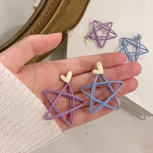 Fresh sky blue hollowed-out double pentacle star.Earrings for heart-shaped women, new jewelry for 2021