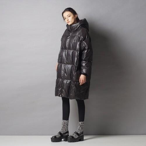 Loose Down coat Women Hooded Collar Coats Down Women Winter Warm Parkas Coat Women Bright Leather Fabrics Down Jackets