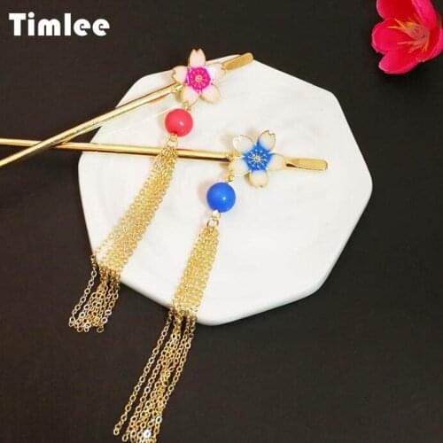 Timlee H005 Temperamental Sweet Cherry Blossom Flower Tassels Metal Hairpin Hair Sticks Beautiful Hair Accessory Wholesale