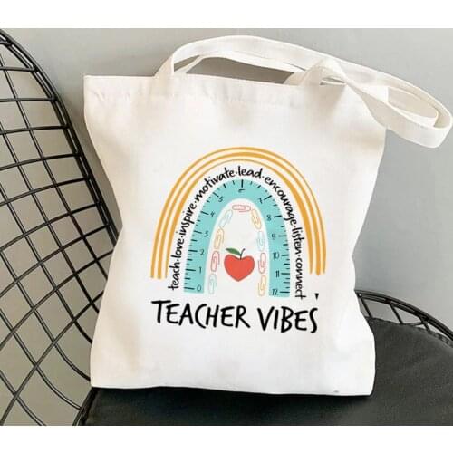 Supplies Teacher Vibes Rainbow Essential Tote Bag women Harajuku shopper handbag Shoulder girl shopping bag Lady gift Canvas Bag