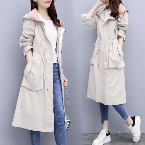 2021 New Autumn Women Coat Fashion Hooded Windbreaker Female Long Sleeve Casual Womens Trench Coat Mid-length Loose Outwear Top