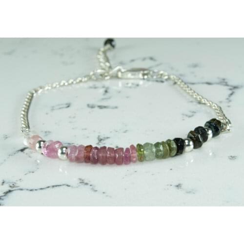 Tourmaline Silver Chain Bracelet, October Birthstone Bracelet, Multi Color Gemstone bead, 925 Sterling Silver Jewelry for Women