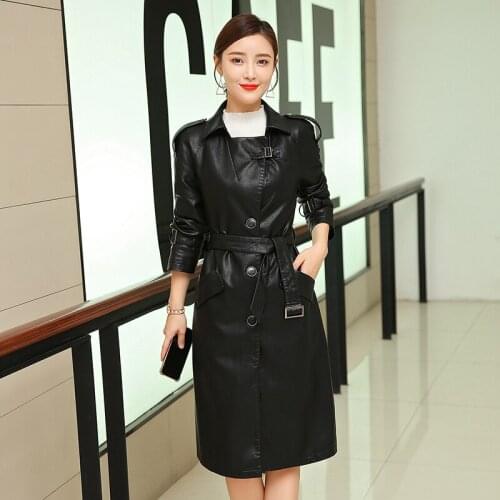 Women Faux Leather Jacket With Belt 2019 New Ladies Ventilation Washed PU Leather Trench Coats Female Windbreaker Long Outerwear