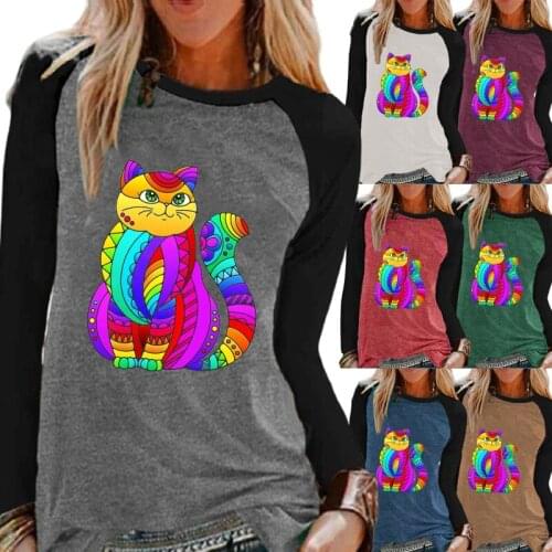 Ladies Autumn Fashion Casual Long-sleeved Round Collar Shirt Color Cat Printing Raglan Sleeves Loose Graphic T-shirt XS-5XL