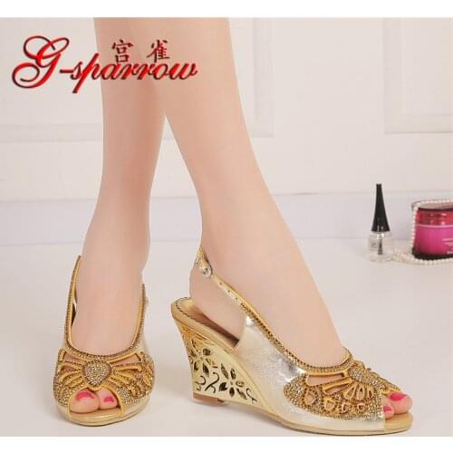 2018 Summer Womens Sexy Gold High Heeled Wedding Sandals Fashion Diamond Peep Toe Shoes 8cm Elegant
