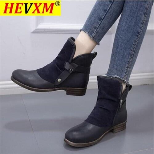 2020 Women Boots Fashion Women PU Leather Boots Platform Ankle Boots Retro Zipper Warm Boots for Women Botas Mujer Women Shoes