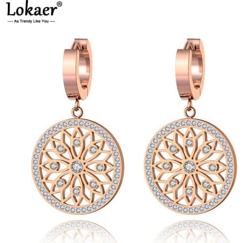 Lokaer Original Design Stainless Steel Flower Rattan Disc Earrings Jewelry Trendy CZ Crystal Hoop Earrings For Women Girl E19269