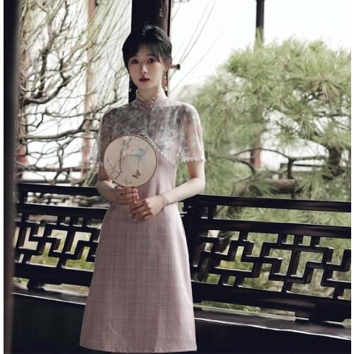 Lace Stitching Sexy Qipao Dress Chinese Style Solid Color Short Sleeve Elegant Mid Skirt Women A-Line Modest Cheongsam Dresses