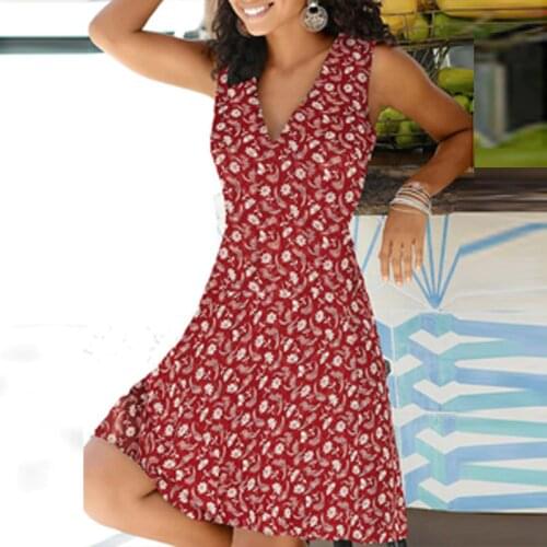 2021 Summer V Neck Floral Print Party Dress Women Vintage Sleeveless Tank Mini Dress Spring Loose Ladies A-Line Dresses Vestidos