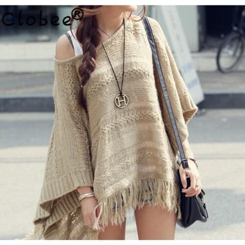 2021 Autumn Vintage Pullover Casual Hollow Irregular Tops Knitting Tassel Cloak Shawl Bat sleeve Smock Sweater poncho women