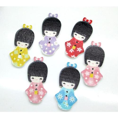 50pcs 19x40mm Mixed Colorful 2 Holes Lovely Japanese Gril Wooden Buttons For Clothes Crafts Sewing Scrapbooking DIY Accessories