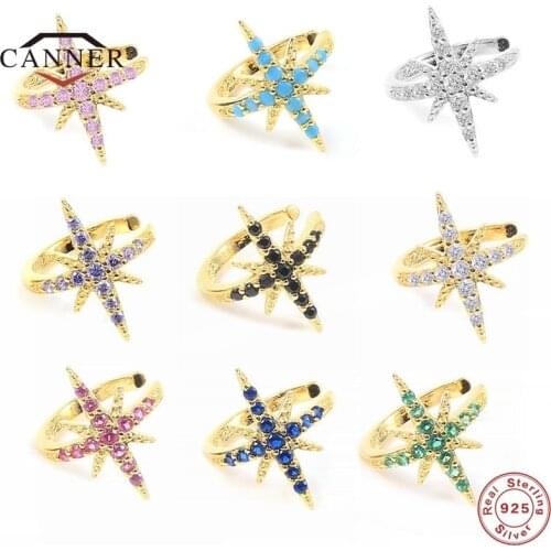 CANNER 925 Sterling Silver Colorful Zircon Star Ear Buckle Ear Clip Earrings for Women Ear Cuff Jewelry Fake Piercing Earings
