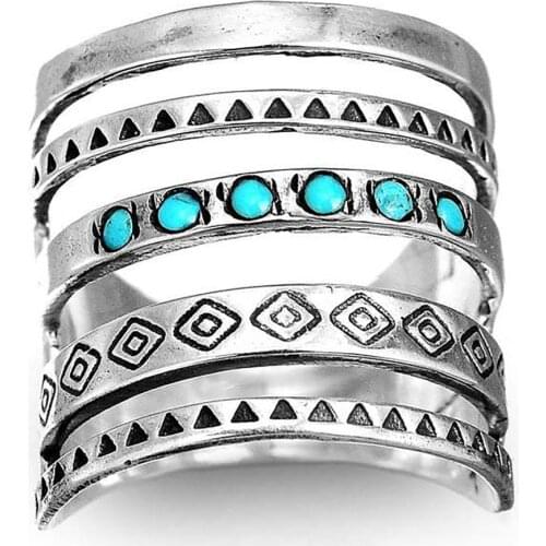 Vintage Pattern Big Ring for Women Elegant Fashion Multi-layer Ring Blue Carved Floral Finger Rings Engagement Bohe Rings Party