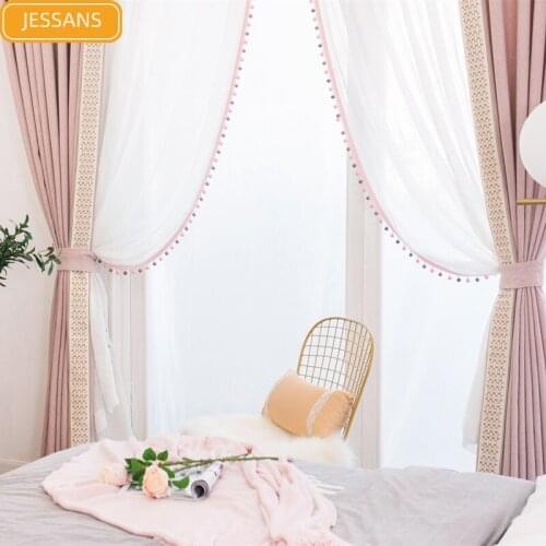 Childrens Room Bamboo Charcoal Linen Pink Lace Stitching Girl Bedroom Curtains for Living Room Bedroom Custom Gauze Curtains