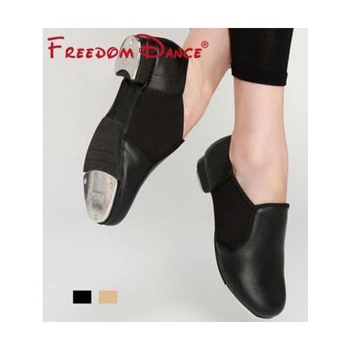 Childrens Tap Dance Shoes Elastic Band Genuine Leather Slip on Black Metal Aluminum Clogging Tap Dancing Shoes Boys Teenagers