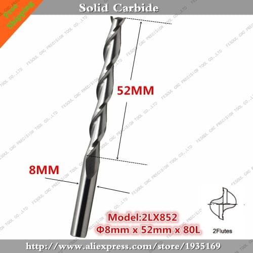 8mm*52mm,5pcs,Free shipping 2 Flutes End Mill,CNC machine milling Cutter,Solid carbide woodworking tool,PVC,MDF,Acrylic,wood