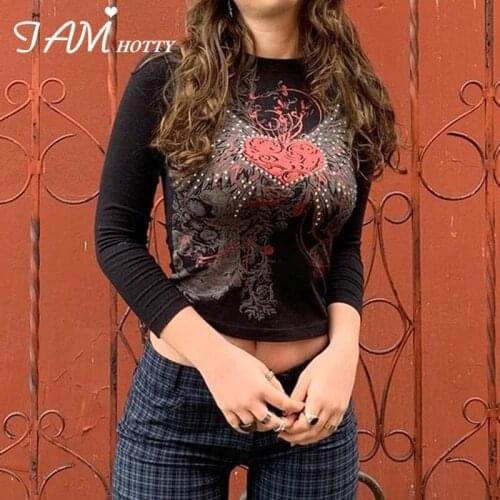 Rhinestone Patches Printed T Shirt Women Vintage Long Sleeve Tops O-neck Pullovers Autumn Grunge Clothes Cotton Tee New Iamhotty