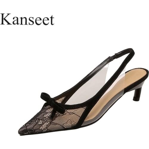 Kanseet Sexy Lace 2021 Womens Sandals Summer Butterfly-Knot Hot Sale Handmade Mid Heels Women Shoes Apricot Black Plus Size 42
