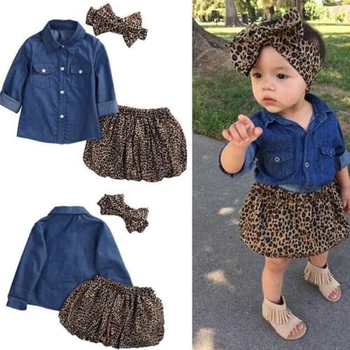 Fashion 0-5T Baby Girls clothes Set Denim Shirt Top +Leopard print Skirts+Headband 3pcs Outfits Sets Autumn Spring Set Kids