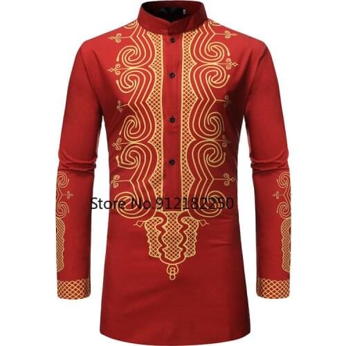 Red Men Shirt African Clothes 2021 Brand African Dashiki Robe Print Dress Shirt Men Long Sleeve Streetwear African Clothing XXL