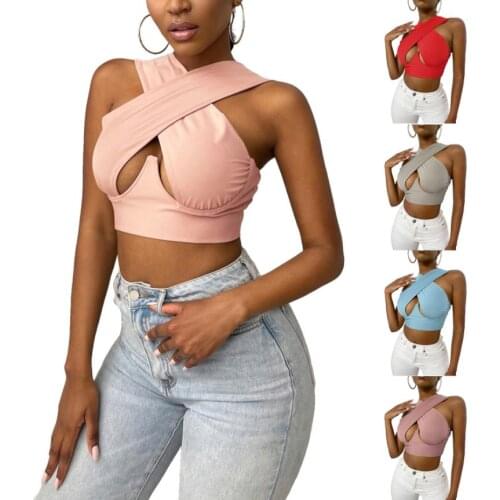 Women Cross Wrap Crop Tops Adults Summer Sleeveless Solid Color Cutout Tank Tops