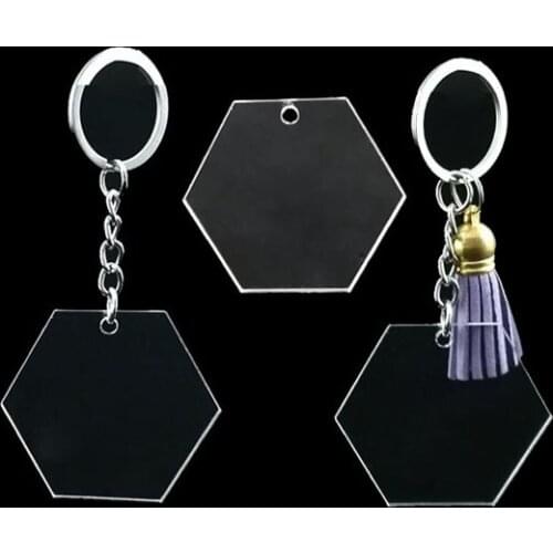 10PCS Hexagon Blank Acrylic Round Boards With Keychain Ring and Tassel Clear Acrylic Crystal Pendant for Wedding Party Decor