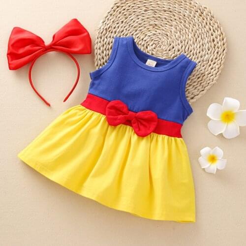 Baby Girl Summer Outfits Sleeveless Round Neck Color Block Dress + Bow Headband 2Pcs Clothes Set Princess Vestidos For Your Girl