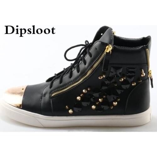 Hot Unisex High Top Rhinestone Spike Metal Rivets Thick Sole Casual Shoes Men Shiny Toe Crystal Flat Double Zip Leisure Shoes