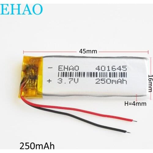 EHAO 401645 3.7V 250mAh Lithium Polymer LiPo Rechargeable Battery Li cells For GPS Navigator Mp3 bluetooth LED light headset
