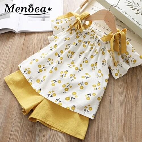 Menoea baby girl clothes Summer New Sling Off-the-shoulder Dress Childrens Clothes Set Floral Top + Pant Set Children Clothing