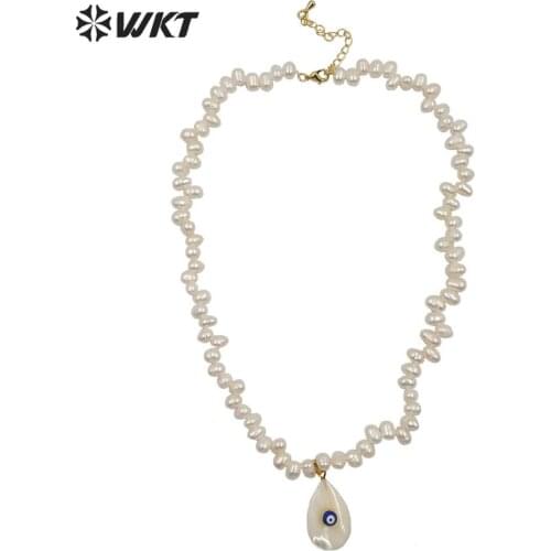 WT-JN115 WKT Trendy Freshwater Pearl Necklace Water Drop With Evil Eye Charm Pendant Necklace Women Fashion Jewerly Necklace