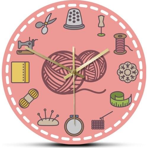 Handmade and Sewing Badges Set Acrylic Print Wall Clocks Gift For Her Knitting Work Tool Ball of Wool Hobbies Home Hanging Watch