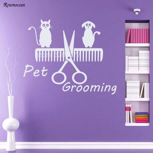 ROWNOCEAN Pet Shop Decal Pet Grooming Salon Decor Dog & Cat Comb Art Window Vinyl Sticker Home Decoration Z187