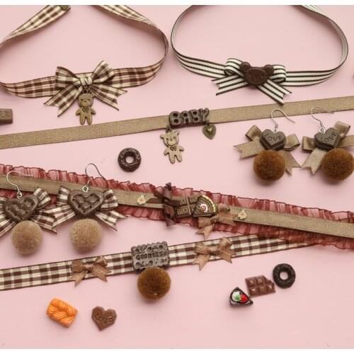 Cute curry chocolate bear striped plaid bow necklace choker hairball necklace