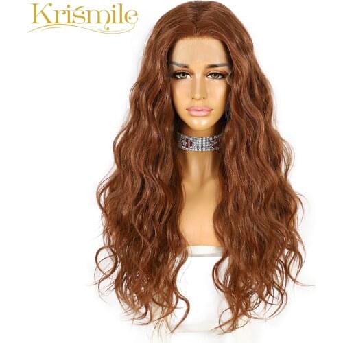 Krismile Futura Fiber Long Synthetic Lace Front Wigs Brown Water Wave Hair for Women Daily High Temperature Make Up Top Quality