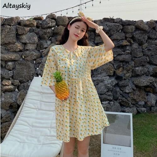 Dresses Women Lovely Girls Loose Empire Japanese Style Fruit-printed Knee-length Sweet Folds Leisure Sailor Collar Students Chic